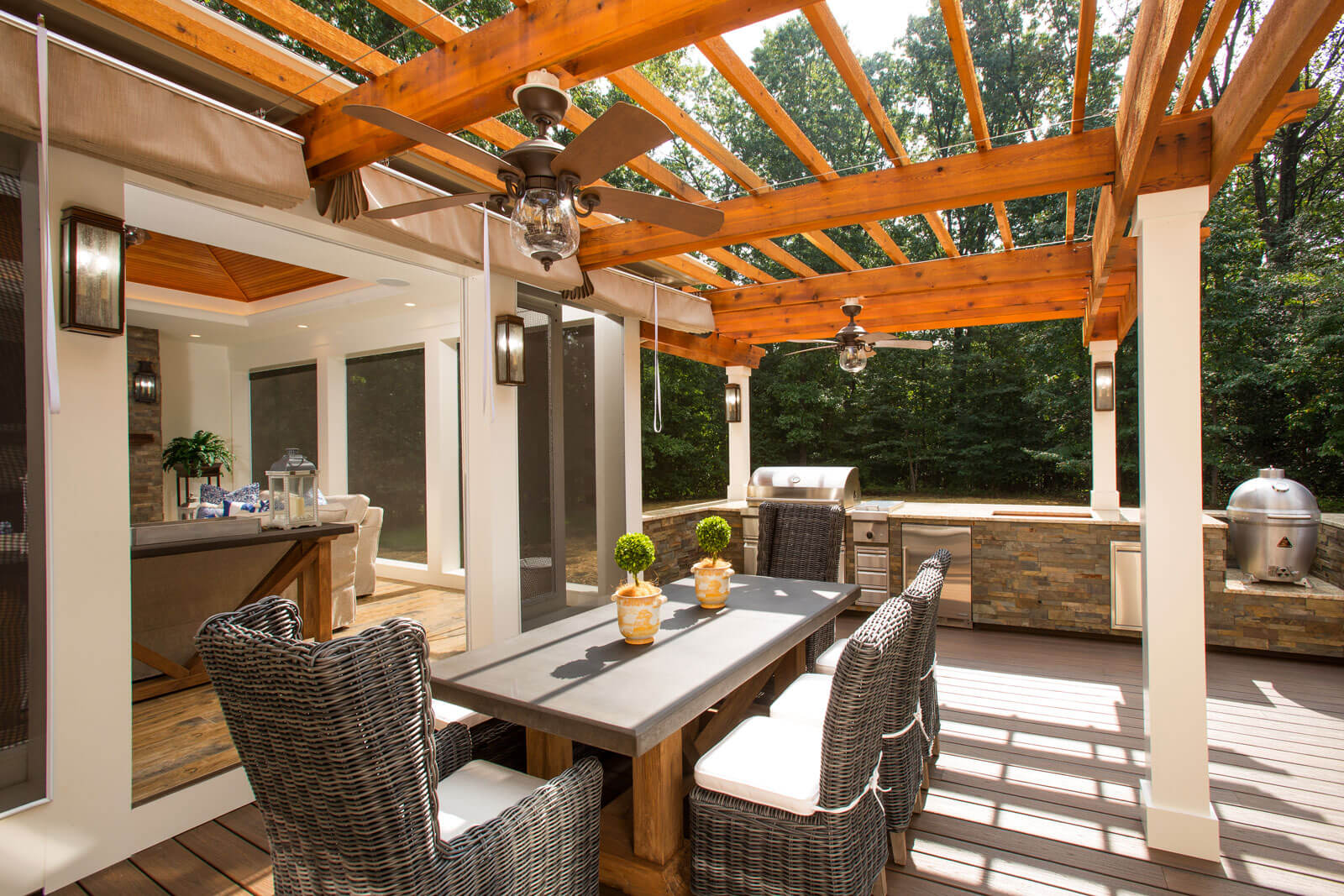 Oakton Screened Porch + Outdoor Kitchen Deck with Fireplaces - Sun Design