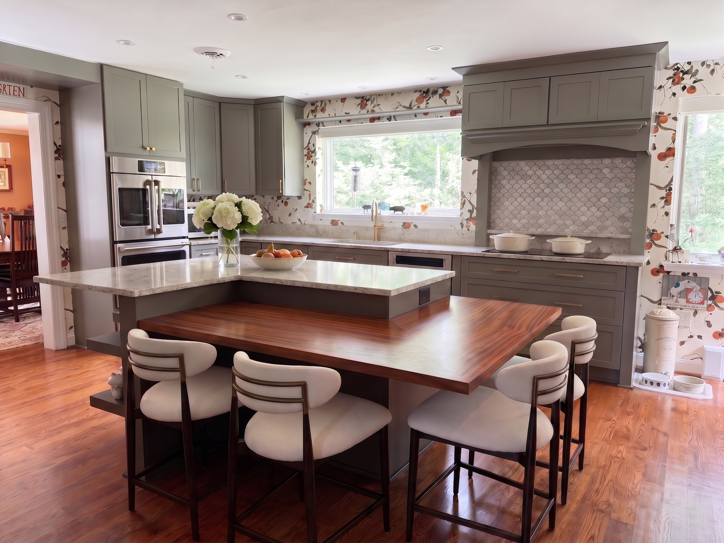 The remodeled kitchen: custom moss green cabinetry, botanical wallpaper, a quartz island with walnut seating table, scalloped tile backsplash and hardwood floors